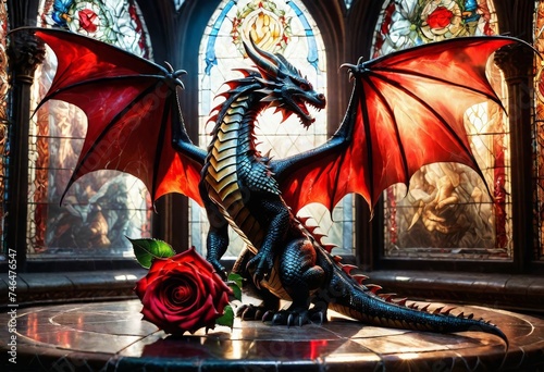 red dragon on a stained glass window
