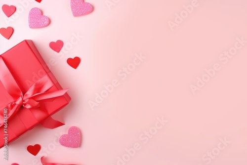 A chic pink gift box with a lustrous red bow on a matching pink background. Elegant Gift on Pink © Оксана Олейник