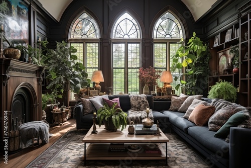 Neo-Victorian Urban Elegance: Luxe Textiles & Arch Windows in Living Room D�cor