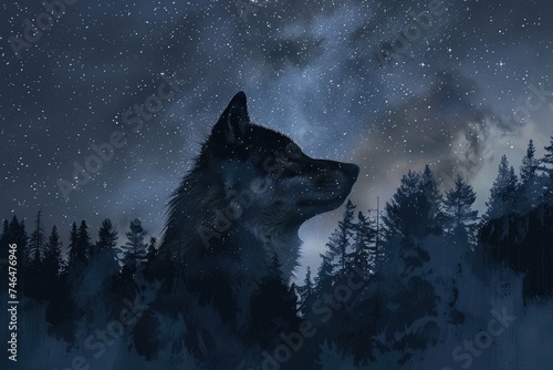 A wolf overlaid with the silhouette of a dense forest under a starry night sky in a double exposure photo