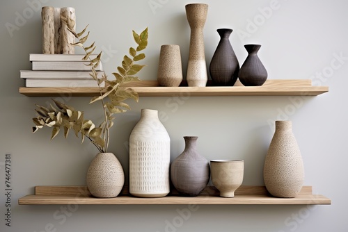 Scandinavian Study: Neutral Toned Vases and Decor Adorning Wall-Mounted Shelves