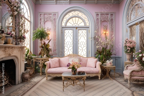 Neo-Victorian Pastel Oasis  Luxurious Textiles and Decor in a Living Room Setting