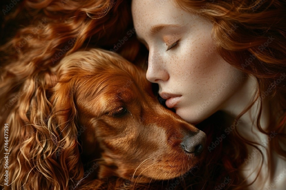 studio fashion shot of natural beauty red haired perfect skin girl with Irish setter