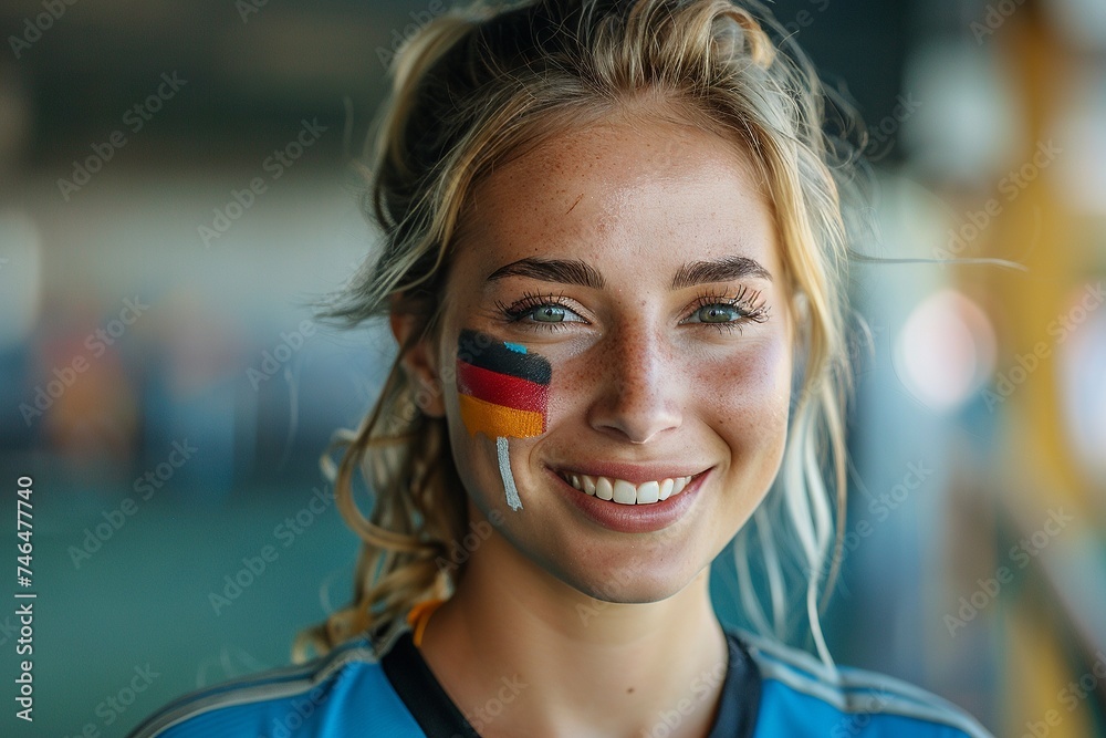 Joyful German Fan Celebrating with Flag Colors

 - obrazy, fototapety, plakaty 