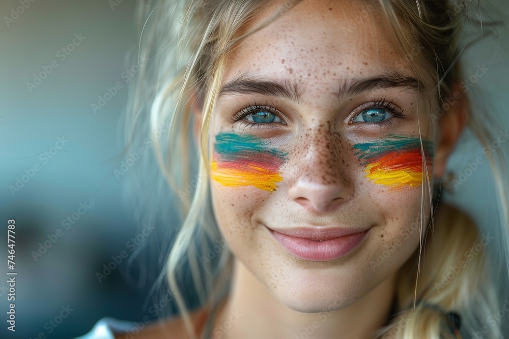 Joyful German Fan Celebrating with Flag Colors

 - obrazy, fototapety, plakaty 