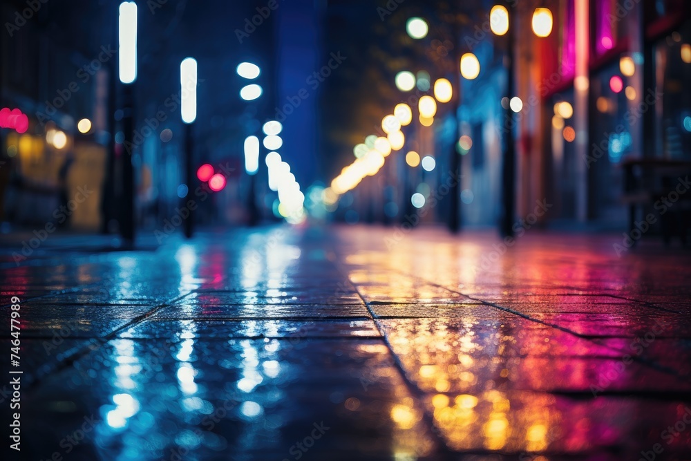 Fototapeta premium Pavement in the city at night, defocused bokeh lights