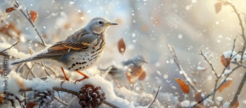 A Fieldfare bird, scientifically known as Turdus pilaris, sits perched on a tree branch covered in a blanket of winter snow. The birds plumage stands out against the white background, creating a stark © 2rogan