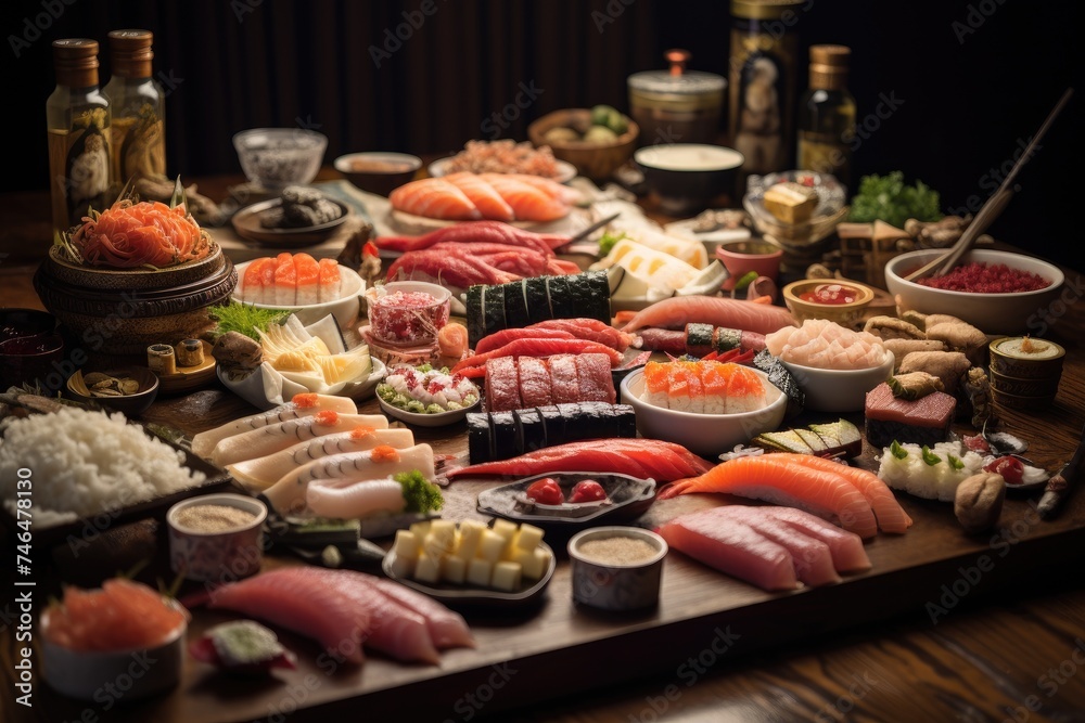 Japanese food. Sushi set on wooden background.