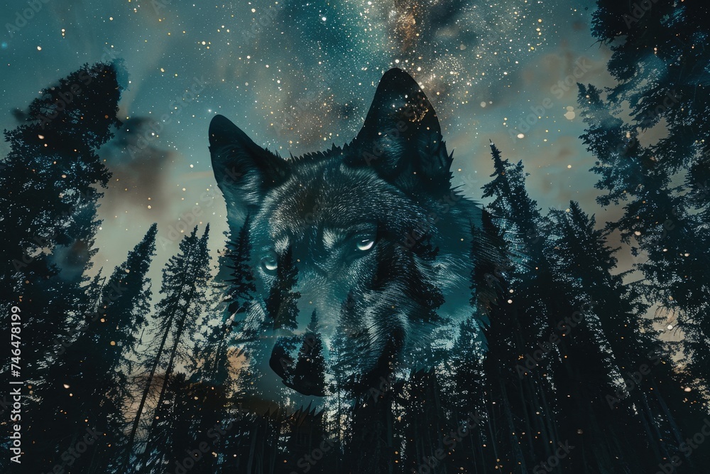 Fototapeta premium A wolf overlaid with the silhouette of a dense forest under a starry night sky in a double exposure