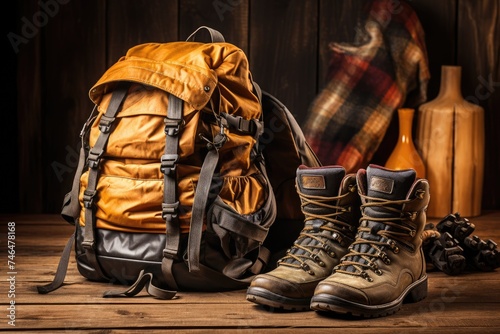 Hiking equipment on a wooden background