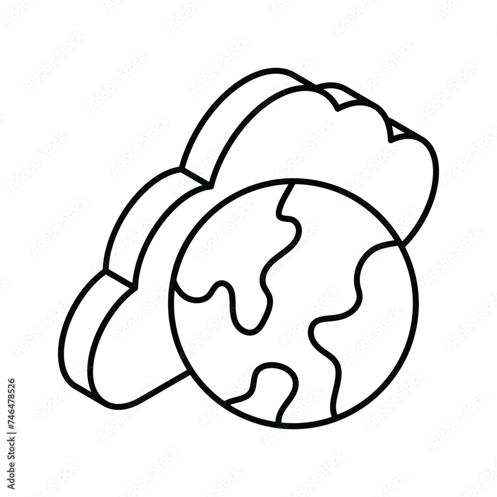 World globe with cloud, isometric icon of global cloud in trendy style World globe with cloud, isometric icon of global cloud in trendy style