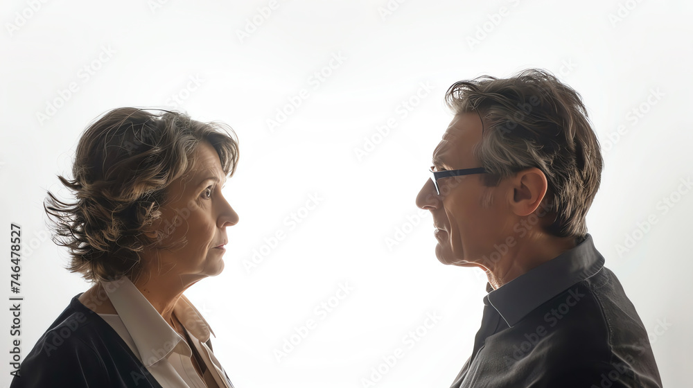 Dynamic Couple Dispute - High-Contrast Relationship Drama on White Background Dynamic Couple Dispute - High-Contrast Relationship Drama on White Background