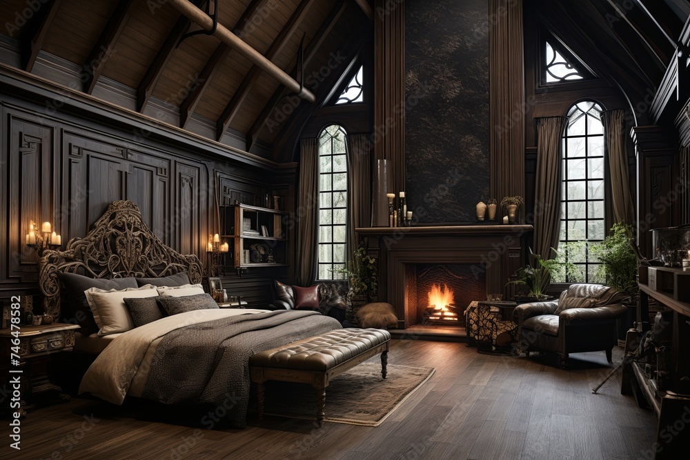 Fototapeta premium Rustic Wood-Paneled Artistry: Old World Charm Bedroom Interiors