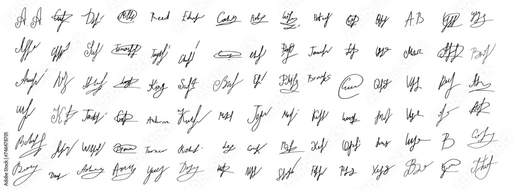 Set of handwritten signatures. Fake signatures for a business contract. Handwriting autograph set. Personal fictional signature calligraphy inscription. Write an imaginary document name. Vector illust - obrazy, fototapety, plakaty 