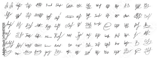 Set of handwritten signatures. Fake signatures for a business contract. Handwriting autograph set. Personal fictional signature calligraphy inscription. Write an imaginary document name. Vector illust photo
