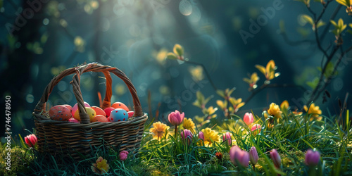 An Easter egg laying in a basket on the meadow . 