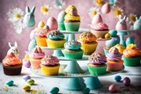 A delightful display of assorted Easter cupcakes with colorful frosting and sprinkles, arranged on a tiered cake stand