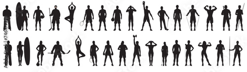 Silhouette of various sportsperson. Men and women athletes of various sports category.  photo