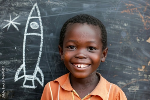 Child smiling, background with blackboard with drawing of a rocket, learning and startup concept.