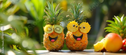 Fun image of two pineapples with playful faces made of kiwi eyes and citrus smiles on a blurred garden background with ample copyspace.