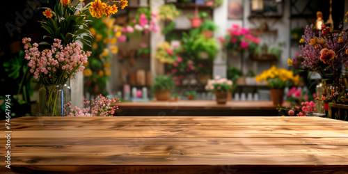 Empty wooden table in front of blurred flowers shop background for product display in a coffee shop, local market or bar