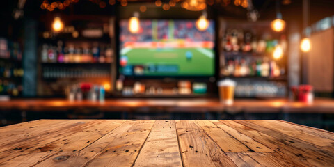 Empty wooden counter in sports bar or pub with blurred  TV displays with sporting events at the bar background