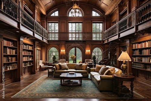 Timeless Classic Library  Palatial Estates with Arched Ceilings and Pendant Lamps