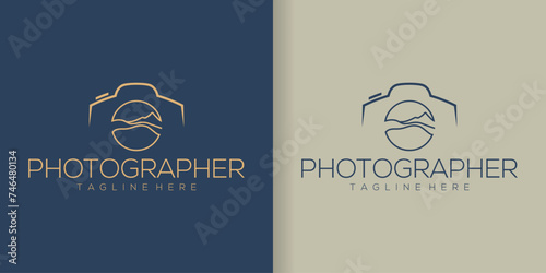 Camera line art icon Logo collection with mountains