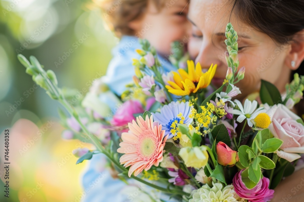 Mother and son with flowers, Mother's Day concept.