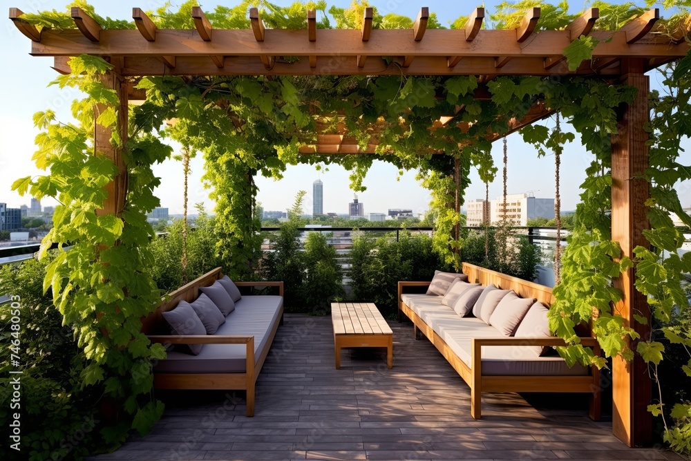 Pergola Paradise: Creeping Vines & Minimalist Seating in Rooftop Garden Designs