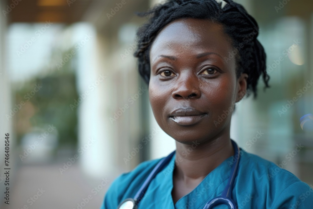 Nurse in front of hospital, healthcare concept, healthcare professional.