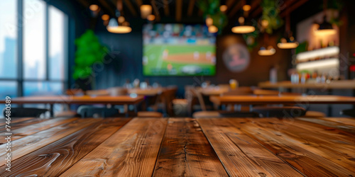 Empty wooden counter in sports bar or pub with blurred  TV displays with sporting events at the bar background