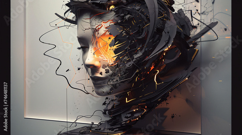 surreal bust of a woman imploding and glitching with fire photo