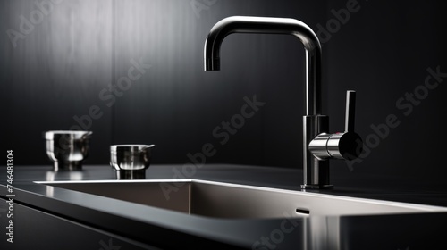 Modern minimalist kitchen sink with Copper Faucet, dark tones, copy space