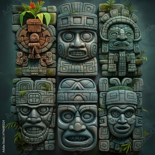 Stone Steles Depicting Ancient Gods. Illustration On The Theme Of Civilizations And Computer Games, History And Archaeology. Generative AI