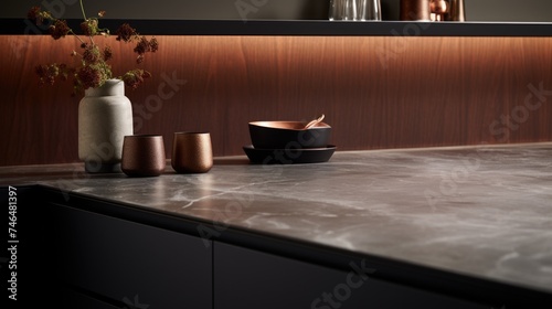 Modern minimalist kitchen table, dark neutral tones, copy space