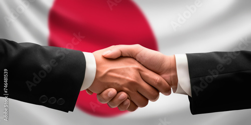 Businessman and diplomat in suits clasp hands for handshake over Japan flag, agree on united success in trade, diplomacy, cooperation, negotiation, support, teamwork in commerce, gesture of greeting
