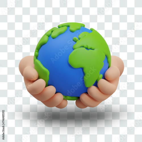 Hands hold Earth. Isolated 3D vector in cartoon style. Planet in human hands