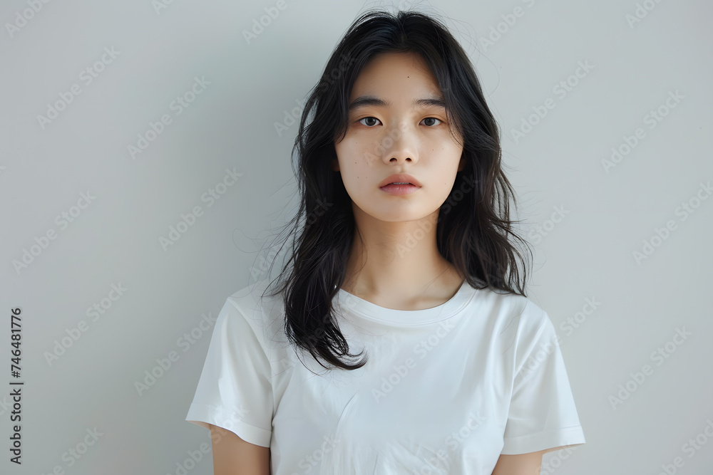 Young beautiful brunette asian woman model in white T-shirt posing on light grey background Young beautiful brunette asian woman model in white T-shirt posing on light grey background