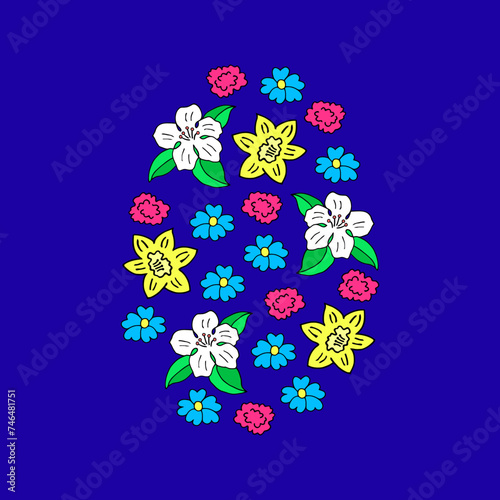 Bright illustration with an egg in flowers. Postcard. Easter.