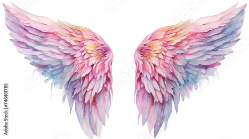 Ethereal watercolor wings in pastel hues, blending pinks, purples, and blues on a white backdrop, ideal for creative or mystical themes, transparent background © mashimara