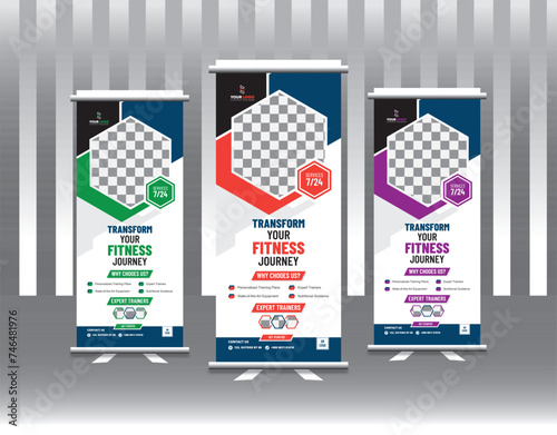 Modern fitness gym x rollup pullup banner vector template
