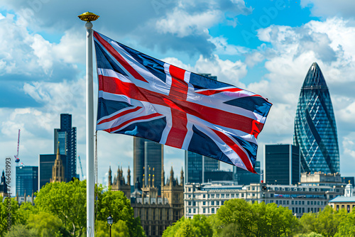 UK flag waving due to wind. London city in the background. London is the capital city of UK. Beautiful scene. Country flags concept. City skyline.