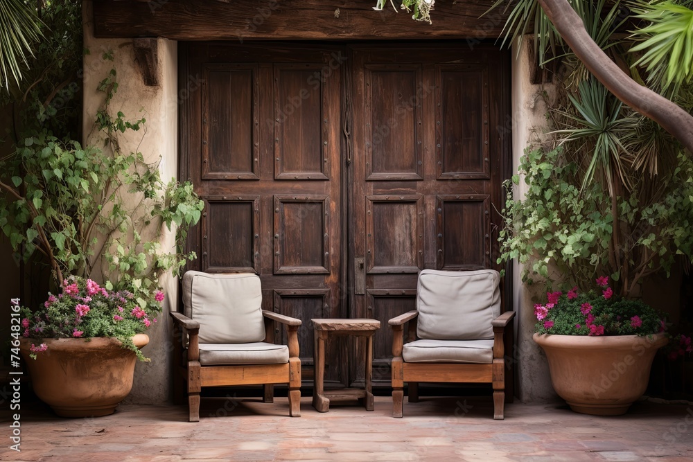 Rustic Wooden Doors in Spanish Courtyard: Intimate Seating Oasis
