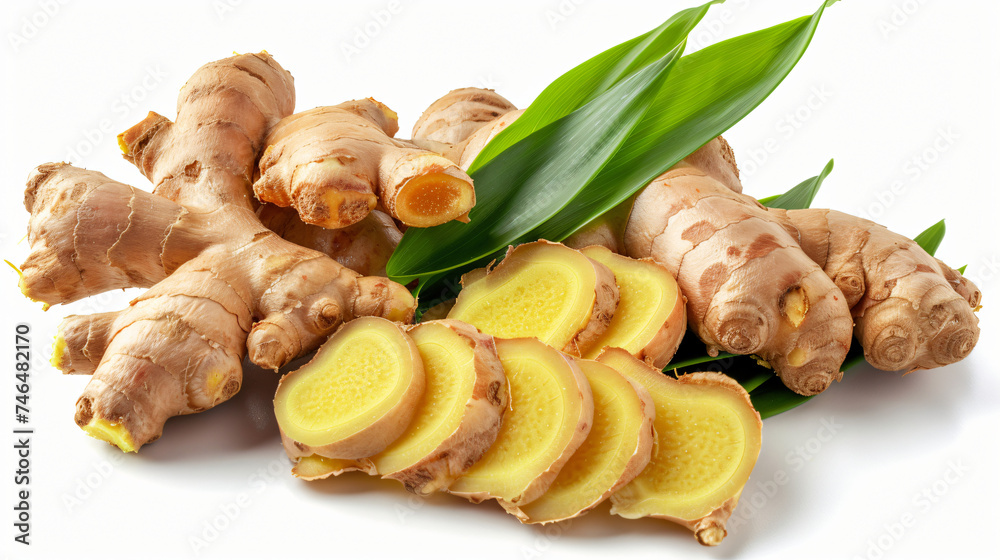 Fresh ginger root sliced with leaves to prevent Covid - obrazy, fototapety, plakaty 
