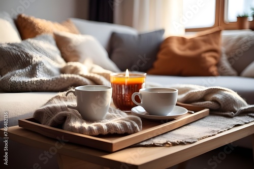 "Warm Wooden Table Coffee Cups Near Couch: Cozy Morning Scene with Relaxing Beverage Drinkware on Homely Furniture Interior, Creating a Comforting Aroma in Serene Living Room Ambiance."





