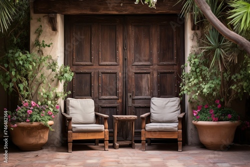 Rustic Wooden Doors in Spanish Courtyard: Intimate Seating Oasis