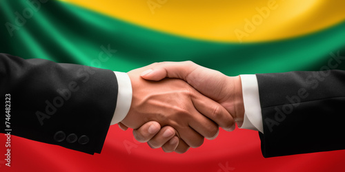 Businessman, diplomat in suits clasp hands for handshake over Lithuania flag, agree on united success in trade, diplomacy, cooperation, negotiation, support, teamwork in commerce, gesture of greeting