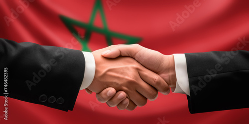 Businessman, diplomat in suits clasp hands for handshake over Morocco flag, agree on united success in trade, diplomacy, cooperation, negotiation, support, teamwork in commerce, gesture of greeting