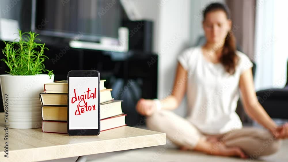 Digital detox concept. Smartphone with the text Digital Detox and woman meditating in the background